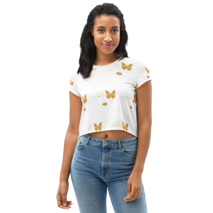 T-shirt Crop-Top imprimé all over "Face Beauty Butterfly marron or"